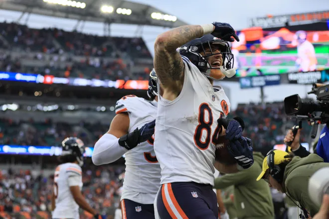 Nov 2, 2025; Cincinnati, Ohio, USA; Chicago Bears tight end Colston Loveland (84) celebrates after scoring a touchdown against the Cincinnati Bengals during the fourth quarter at Paycor Stadium. Mandatory Credit: Joseph Maiorana-Imagn Images