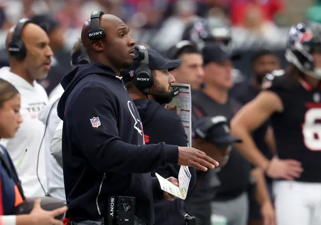 Nov 2, 2025; Houston, Texas, USA; Houston Texans head coach DeMeco Ryans during the first half against the Denver Broncos at NRG Stadium. Mandatory Credit: Thomas Shea-Imagn Images