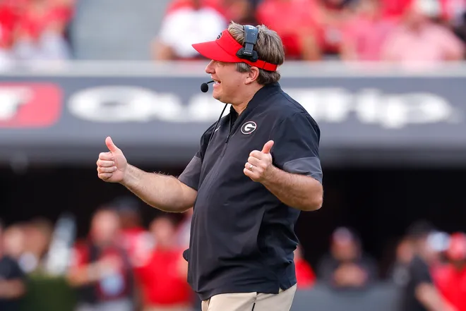 Head coach Kirby Smart of the Georgia Bulldogs looks on during the fourth quarter against the Charlotte 49ers at Sanford Stadium