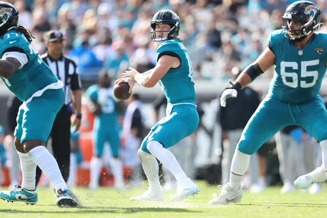 Dec 14, 2025; Jacksonville, Florida, USA; Jacksonville Jaguars quarterback Trevor Lawrence (16) throws the ball during the second quarter against the New York Jets at EverBank Stadium. Mandatory Credit: Morgan Tencza-Imagn Images