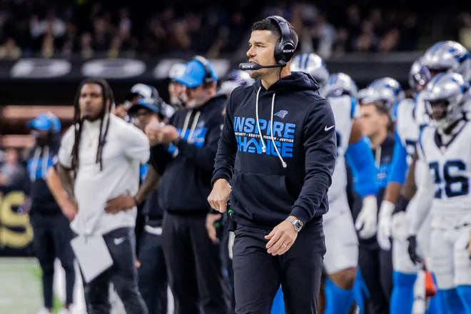 Dec 14, 2025; New Orleans, Louisiana, USA; Carolina Panthers head coach Dave Canales reacts on the sideline during the second quarter against the New Orleans Saints at Caesars Superdome. Mandatory Credit: Stephen Lew-Imagn Images