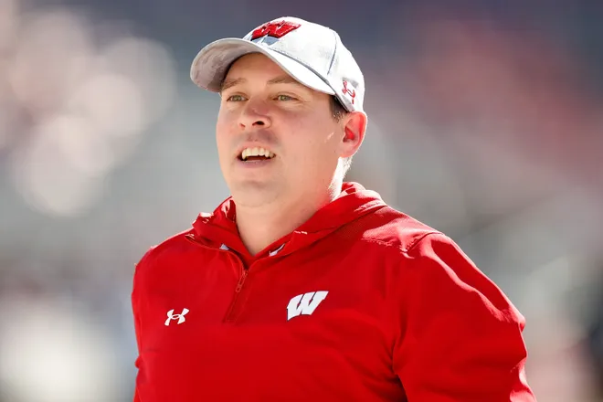 MADISON, WISCONSIN - OCTOBER 22: Head coach Jim Leonhard of the Wisconsin Badgers before the game against the Purdue Boilermakers at Camp Randall Stadium on October 22, 2022 in Madison, Wisconsin. (Photo by John Fisher/Getty Images)