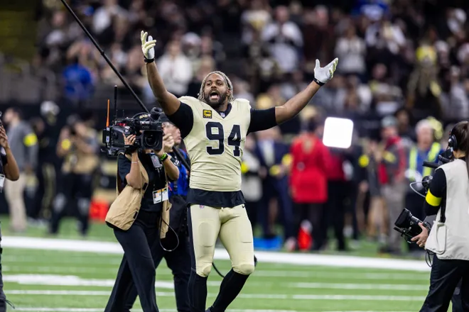 Dec 21, 2025; New Orleans, Louisiana, USA; New Orleans Saints defensive end Cameron Jordan (94) during the run outs before the game against the New York Jets at Caesars Superdome. Mandatory Credit: Stephen Lew-Imagn Images
