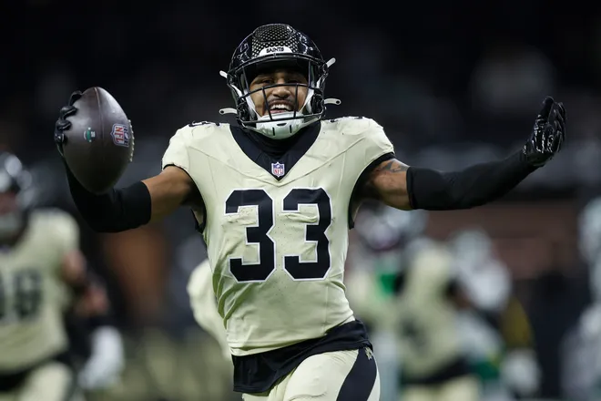 NEW ORLEANS, LOUISIANA - DECEMBER 21: Jonas Sanker #33 of the New Orleans Saints reacts after an interception against the New York Jets in the fourth quarter of a game at Caesars Superdome on December 21, 2025 in New Orleans, Louisiana. (Photo by Sean Gardner/Getty Images)