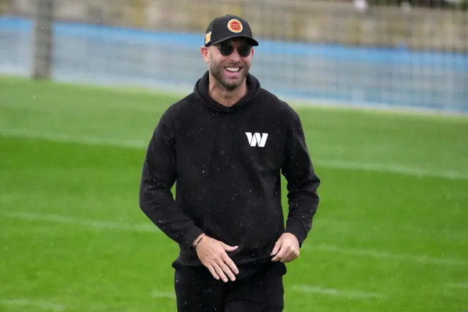 Nov 13, 2025; Madrid, Spain; Washington Commanders offensive coordinator Kliff Kingsbury during practice at Ciudad Deportiva del Real Madrid. Mandatory Credit: Kirby Lee-Imagn Images