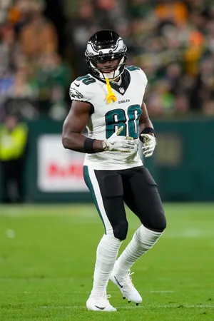 Nov 10, 2025; Green Bay, Wisconsin, USA; Philadelphia Eagles wide receiver Darius Cooper (80) during the game against the Green Bay Packers at Lambeau Field. Mandatory Credit: Jeff Hanisch-Imagn Images