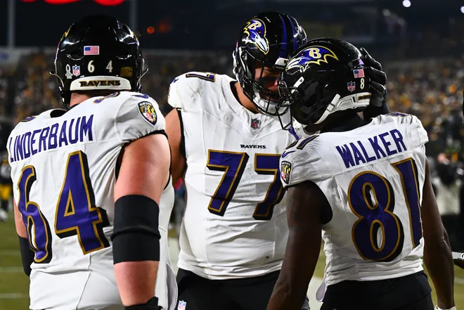 PITTSBURGH, PENNSYLVANIA - JANUARY 04: Devontez Walker #81 of the Baltimore Ravens celebrates a touchdown with Daniel Faalele #77 during the first quarter against the Pittsburgh Steelers at Acrisure Stadium on January 04, 2026 in Pittsburgh, Pennsylvania. (Photo by Joe Sargent/Getty Images)