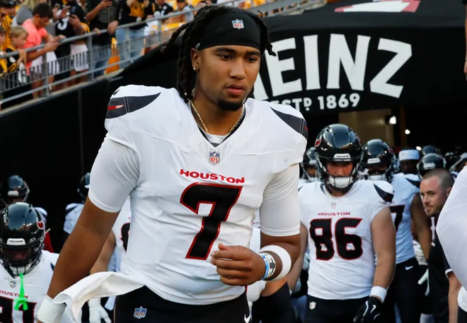 Aug 9, 2024; Pittsburgh, Pennsylvania, USA; Houston Texans quarterback C.J. Stroud (7) takes the field against the Pittsburgh Steelers during the first quarter at Acrisure Stadium. Mandatory Credit: Charles LeClaire-USA TODAY Sports