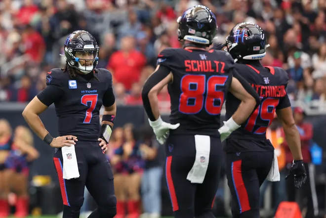 Jan 4, 2026; Houston, Texas, USA; Houston Texans quarterback C.J. Stroud (7) reacts to a penally call against the Texans during the first half against the Indianapolis Colts at NRG Stadium. Mandatory Credit: Thomas Shea-Imagn Images