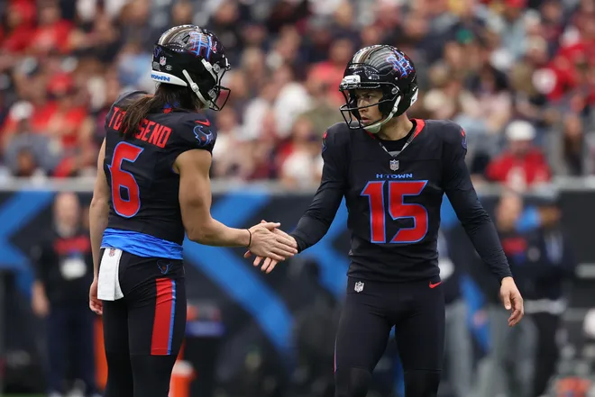 Jan 4, 2026; Houston, Texas, USA; Houston Texans place kicker Ka'imi Fairbairn (15) reacts with punter Tommy Townsend (6) after a made field goal against the Indianapolis Colts during the first half at NRG Stadium. Mandatory Credit: Thomas Shea-Imagn Images