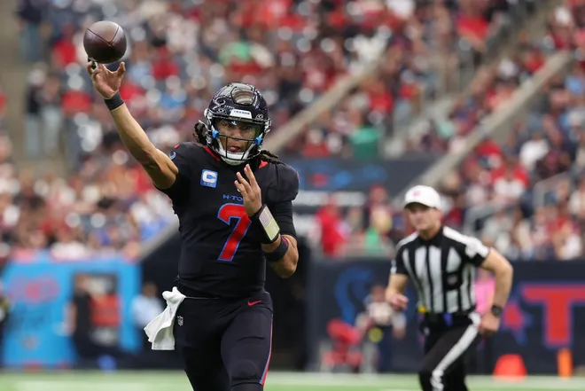 Jan 4, 2026; Houston, Texas, USA; Houston Texans quarterback C.J. Stroud (7) throws downfield against the Indianapolis Colts during the first half at NRG Stadium. Mandatory Credit: Thomas Shea-Imagn Images