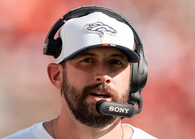 August 9, 2025; Santa Clara, California, USA; Denver Broncos offensive pass game coordinator Davis Webb before the game against the San Francisco 49ers at Levi's Stadium. Mandatory Credit: Kyle Terada-Imagn Images