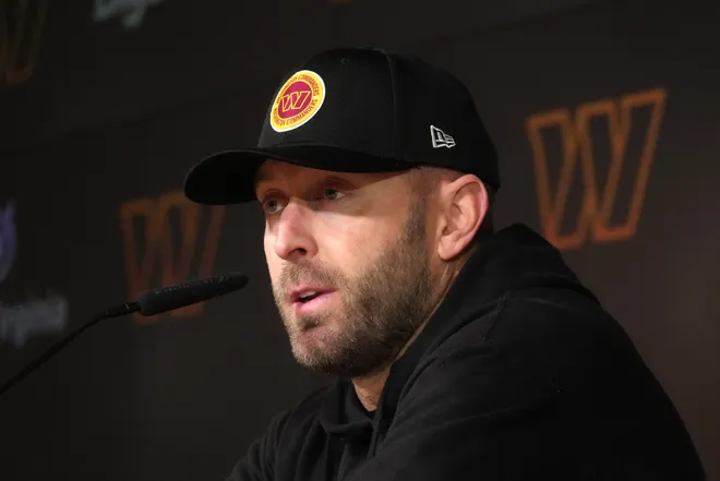 Nov 13, 2025; Madrid, Spain; Washington Commanders offensive coordinator Kliff Kingsbury at press conference at Ciudad Deportiva del Real Madrid. Mandatory Credit: Kirby Lee-Imagn Images