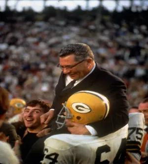 Vince Lombardi is carried off the field after the Green Bay Packers defeated the Oakland Raiders in Super Bowl II at the Orange Bowl. It was Lombardi's last game as head coach of the Packers.