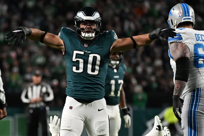 Nov 16, 2025; Philadelphia, Pennsylvania, USA; Philadelphia Eagles linebacker Jaelan Phillips (50) reacts after sacking Detroit Lions quarterback Jared Goff (16) during the first half at Lincoln Financial Field. Mandatory Credit: Eric Hartline-Imagn Images
