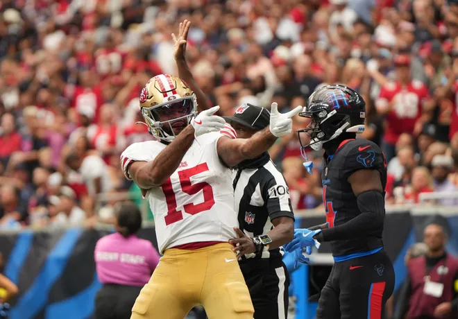 Oct 26, 2025; Houston, Texas, USA; San Francisco 49ers wide receiver Jauan Jennings (15) reacts during the second half against the Houston Texans at NRG Stadium. Mandatory Credit: Sean Thomas-Imagn Images