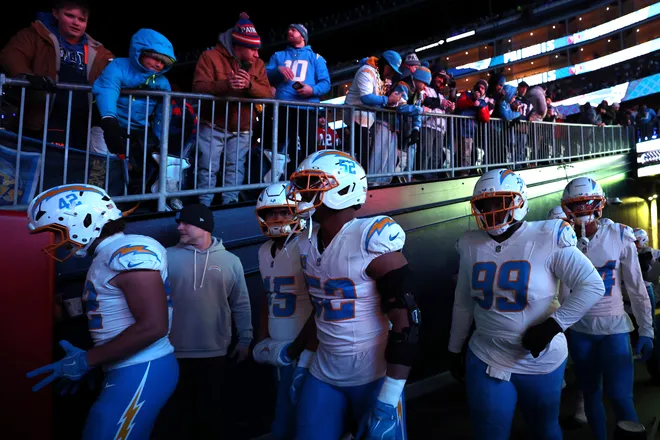 FOXBOROUGH, MASSACHUSETTS - JANUARY 11: The Los Angeles Chargers head to the field before the AFC Wild Card Playoff game against the New England Patriots at Gillette Stadium on January 11, 2026 in Foxborough, Massachusetts. (Photo by Sarah Stier/Getty Images)