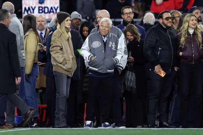 FOXBOROUGH, MASSACHUSETTS - JANUARY 11: Owner Robert Kraft of the New England Patriots looks on during warmups before the AFC Wild Card Playoff game against the Los Angeles Chargers at Gillette Stadium on January 11, 2026 in Foxborough, Massachusetts. (Photo by Adam Glanzman/Getty Images)