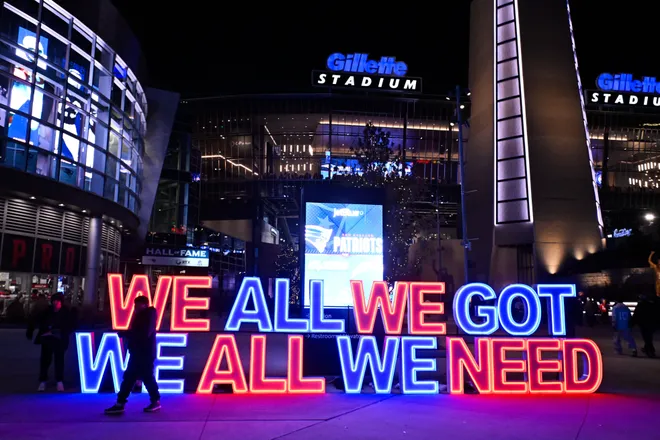 Jan 11, 2026; Foxborough, MA, USA; A view of signage outside of Gillette Stadium before the game between the New England Patriots and the Los Angeles Chargers in an AFC Wild Card Round game. Mandatory Credit: Eric Canha-Imagn Images