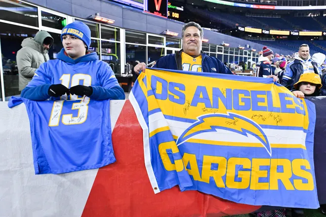 Jan 11, 2026; Foxborough, MA, USA; Los Angeles Chargers fans look on before the game against the New England Patriots in an AFC Wild Card Round game at Gillette Stadium. Mandatory Credit: Eric Canha-Imagn Images
