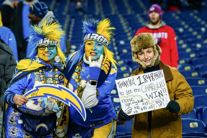 Jan 11, 2026; Foxborough, MA, USA; Los Angeles Chargers fans cheer before the game against the New England Patriots in an AFC Wild Card Round game at Gillette Stadium. Mandatory Credit: David Butler II-Imagn Images