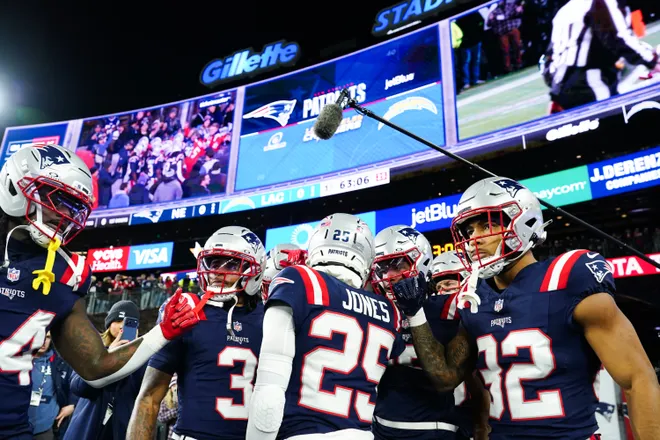 Jan 11, 2026; Foxborough, MA, USA; The New England Patriots huddle during warm ups before the game against the Los Angeles Chargers in an AFC Wild Card Round game at Gillette Stadium. Mandatory Credit: David Butler II-Imagn Images