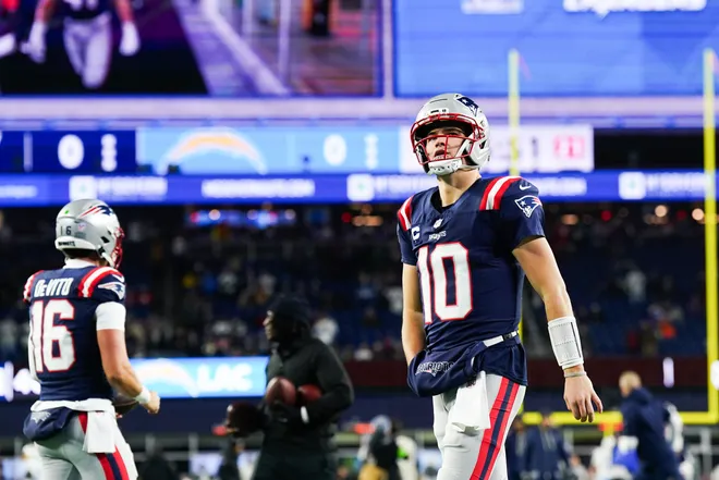 Jan 11, 2026; Foxborough, MA, USA; New England Patriots quarterback Drake Maye (10) looks on during warm ups before the game against the Los Angeles Chargers in an AFC Wild Card Round game at Gillette Stadium. Mandatory Credit: David Butler II-Imagn Images