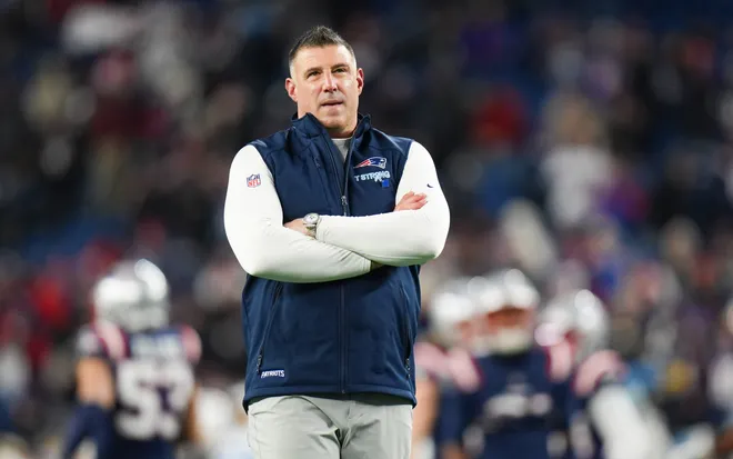 Jan 11, 2026; Foxborough, MA, USA; New England Patriots head coach Mike Vrabel looks on before the game against the Los Angeles Chargers in an AFC Wild Card Round game at Gillette Stadium. Mandatory Credit: David Butler II-Imagn Images
