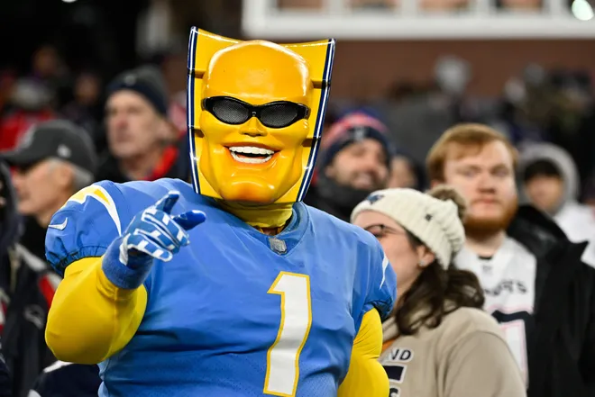 Jan 11, 2026; Foxborough, MA, USA; Los Angeles Chargers fans look on before the game against the New England Patriots in an AFC Wild Card Round game at Gillette Stadium. Mandatory Credit: Eric Canha-Imagn Images