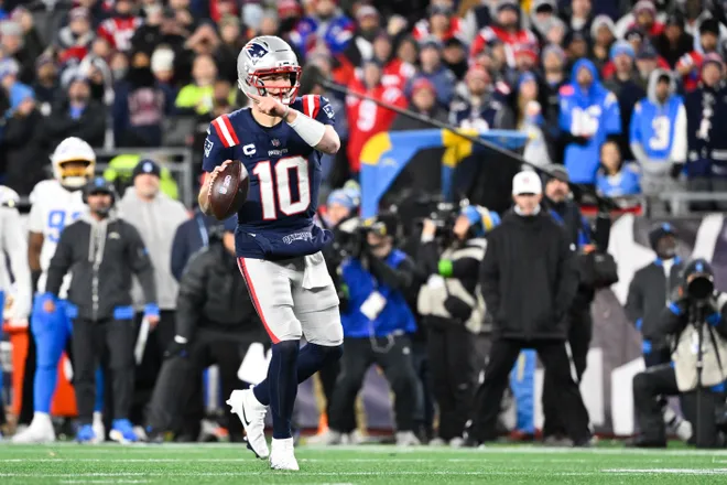 Jan 11, 2026; Foxborough, MA, USA; New England Patriots quarterback Drake Maye (10) looks to pass during the second quarter against the Los Angeles Chargers in an AFC Wild Card Round game at Gillette Stadium. Mandatory Credit: Eric Canha-Imagn Images