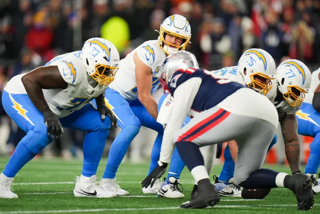 Jan 11, 2026; Foxborough, MA, USA; Los Angeles Chargers quarterback Justin Herbert (10) calls a play during the second quarter against the New England Patriots in an AFC Wild Card Round game at Gillette Stadium. Mandatory Credit: David Butler II-Imagn Images