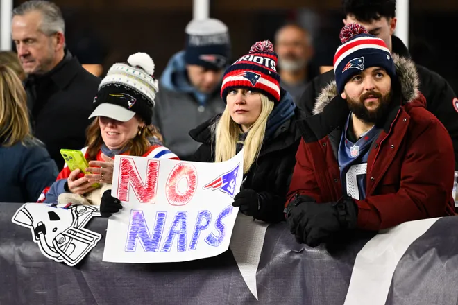 Jan 11, 2026; Foxborough, MA, USA; New England Patriots fans look on during the second quarter against the Los Angeles Chargers in an AFC Wild Card Round game at Gillette Stadium. Mandatory Credit: Eric Canha-Imagn Images
