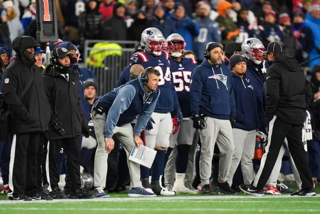 Jan 11, 2026; Foxborough, MA, USA; New England Patriots head coach Mike Vrabel watches a play during the second quarter against the Los Angeles Chargers in an AFC Wild Card Round game at Gillette Stadium. Mandatory Credit: David Butler II-Imagn Images