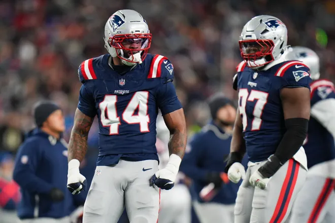 Jan 11, 2026; Foxborough, MA, USA; New England Patriots linebacker K'lavon Chaisson (44) celebrates a sack during the second quarter against the Los Angeles Chargers in an AFC Wild Card Round game at Gillette Stadium. Mandatory Credit: David Butler II-Imagn Images
