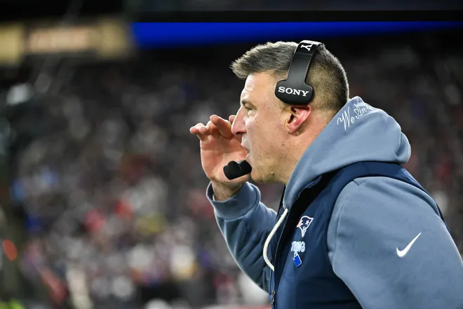 Jan 11, 2026; Foxborough, MA, USA; New England Patriots head coach Mike Vrabel calls a play during the second quarter against the Los Angeles Chargers in an AFC Wild Card Round game at Gillette Stadium. Mandatory Credit: Eric Canha-Imagn Images