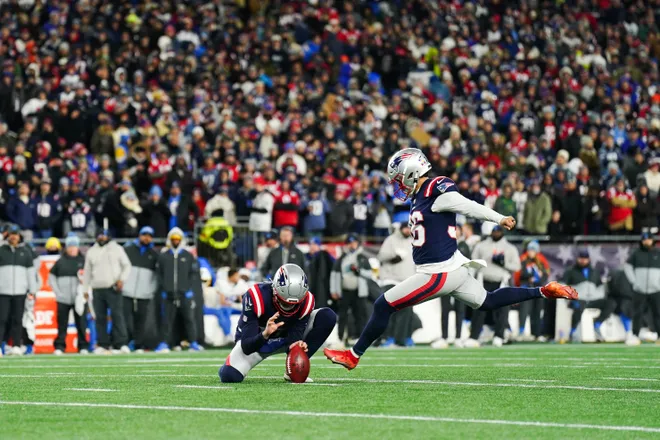Jan 11, 2026; Foxborough, MA, USA; New England Patriots place kicker Andy Borregales (36) kicks a field goal during the third quarter against the Los Angeles Chargers in an AFC Wild Card Round game at Gillette Stadium. Mandatory Credit: David Butler II-Imagn Images