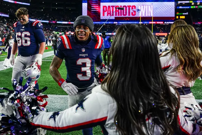 Jan 11, 2026; Foxborough, MA, USA; New England Patriots wide receiver DeMario Douglas (3) exits the field after defeating the Los Angeles Chargers in an AFC Wild Card Round game at Gillette Stadium. Mandatory Credit: David Butler II-Imagn Images