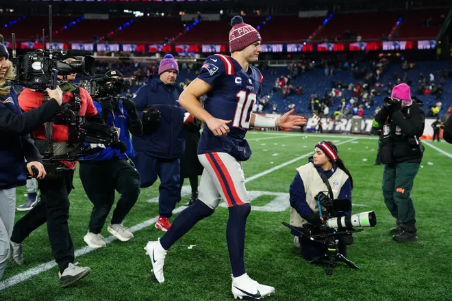Jan 11, 2026; Foxborough, MA, USA; New England Patriots quarterback Drake Maye (10) leaves the field after the game against the Los Angeles Chargers in an AFC Wild Card Round game at Gillette Stadium. Mandatory Credit: David Butler II-Imagn Images