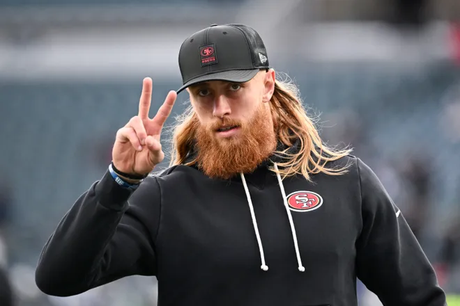 Jan 11, 2026; Philadelphia, PA, USA; San Francisco 49ers tight end George Kittle (85) looks on during warmups prior to an NFC Wild Card Round game against the Philadelphia Eagles at Lincoln Financial Field. Mandatory Credit: Eric Hartline-Imagn Images