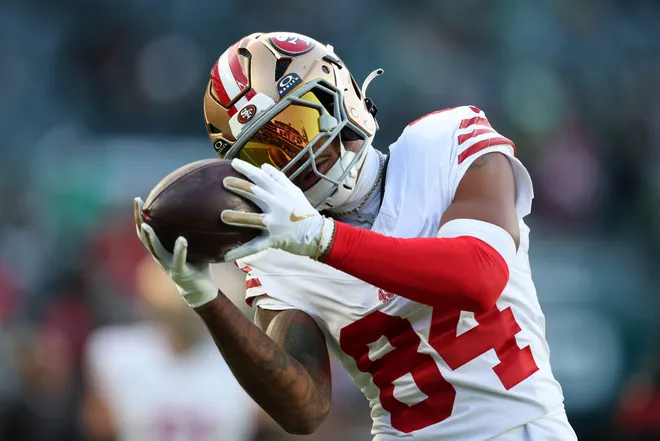 PHILADELPHIA, PENNSYLVANIA - JANUARY 11: Kendrick Bourne #84 of the San Francisco 49ers warms up before the NFC Wild Card Playoff gam against the Philadelphia Eagles at Lincoln Financial Field on January 11, 2026 in Philadelphia, Pennsylvania. (Photo by Elsa/Getty Images)