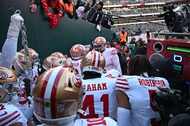 Jan 11, 2026; Philadelphia, PA, USA; San Francisco 49ers wait in the tunnel before game against the Philadelphia Eagles in an NFC Wild Card Round game at Lincoln Financial Field. Mandatory Credit: Eric Hartline-Imagn Images