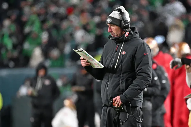 Jan 11, 2026; Philadelphia, PA, USA; San Francisco 49ers head coach Kyle Shanahan against the Philadelphia Eagles in an NFC Wild Card Round game at Lincoln Financial Field. Mandatory Credit: Eric Hartline-Imagn Images