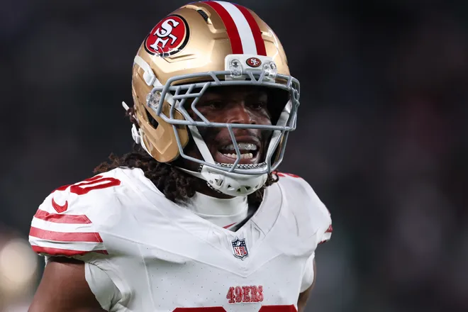PHILADELPHIA, PENNSYLVANIA - JANUARY 11: Upton Stout #20 of the San Francisco 49ers celebrates after a play against the Philadelphia Eagles during the first quarter in the NFC Wild Card Playoff game at Lincoln Financial Field on January 11, 2026 in Philadelphia, Pennsylvania. (Photo by Elsa/Getty Images)