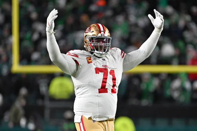Jan 11, 2026; Philadelphia, PA, USA; San Francisco 49ers offensive tackle Trent Williams (71) celebrates win against the Philadelphia Eagles in an NFC Wild Card Round game at Lincoln Financial Field. Mandatory Credit: Eric Hartline-Imagn Images