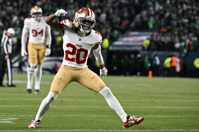 Jan 11, 2026; Philadelphia, PA, USA; San Francisco 49ers cornerback Upton Stout (20) celebrates after a play against the Philadelphia Eagles during the fourth quarter in an NFC Wild Card Round game at Lincoln Financial Field. Mandatory Credit: Eric Hartline-Imagn Images
