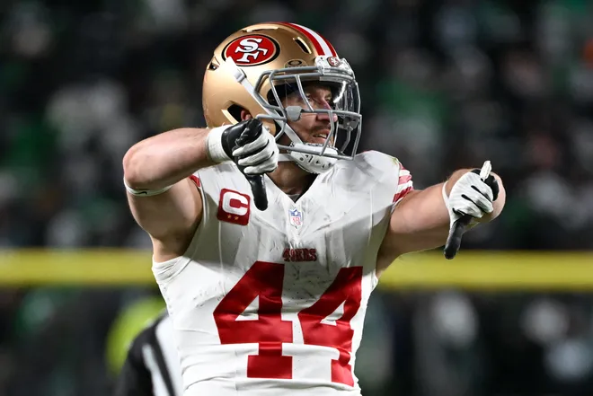 Jan 11, 2026; Philadelphia, PA, USA; San Francisco 49ers fullback Kyle Juszczyk (44) reacts after a play against the Philadelphia Eagles during the fourth quarter in an NFC Wild Card Round game at Lincoln Financial Field. Mandatory Credit: Eric Hartline-Imagn Images