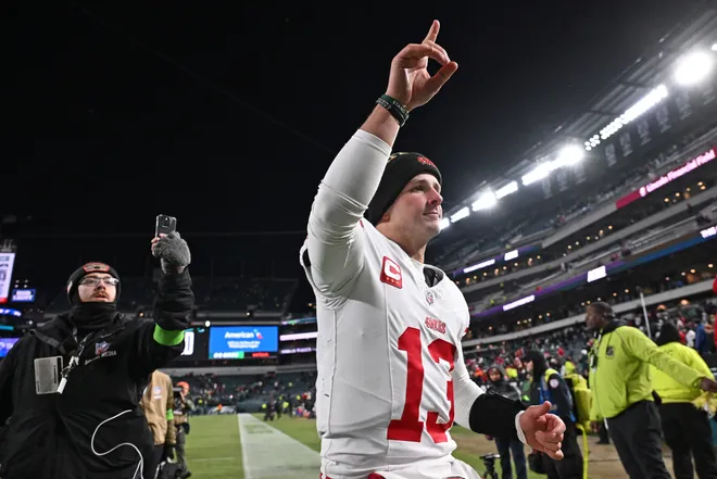 Jan 11, 2026; Philadelphia, PA, USA; San Francisco 49ers quarterback Brock Purdy (13) walks off the field after win over the Philadelphia Eagles in an NFC Wild Card Round game at Lincoln Financial Field. Mandatory Credit: Eric Hartline-Imagn Images