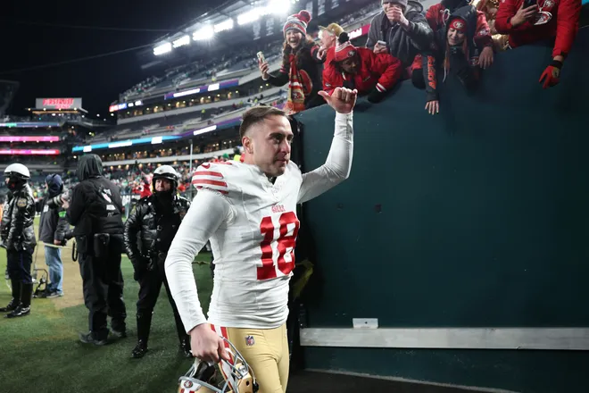 PHILADELPHIA, PENNSYLVANIA - JANUARY 11: Eddy Pineiro #18 of the San Francisco 49ers celebrates after his team's 23-19 win against the Philadelphia Eagles in the NFC Wild Card Playoff game at Lincoln Financial Field on January 11, 2026 in Philadelphia, Pennsylvania. (Photo by Elsa/Getty Images)