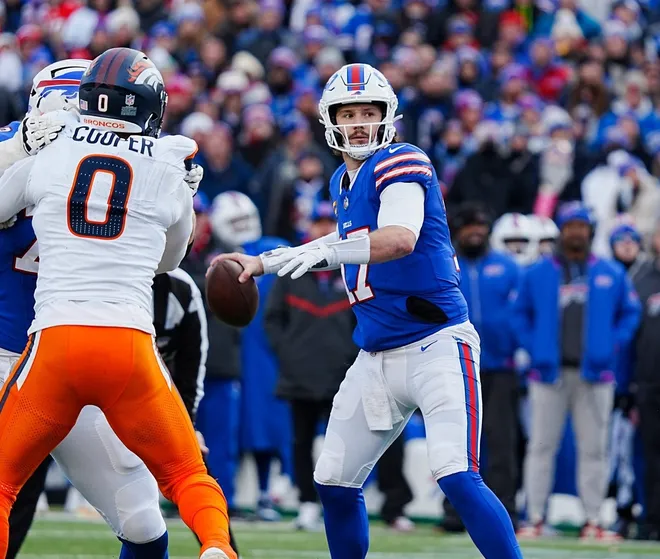 Buffalo Bills quarterback Josh Allen (17) throws a long pass during the second half of the Buffalo Bills wild card game against the Denver Broncos at Highmark Stadium in Orchard Park on Jan. 12, 2025.