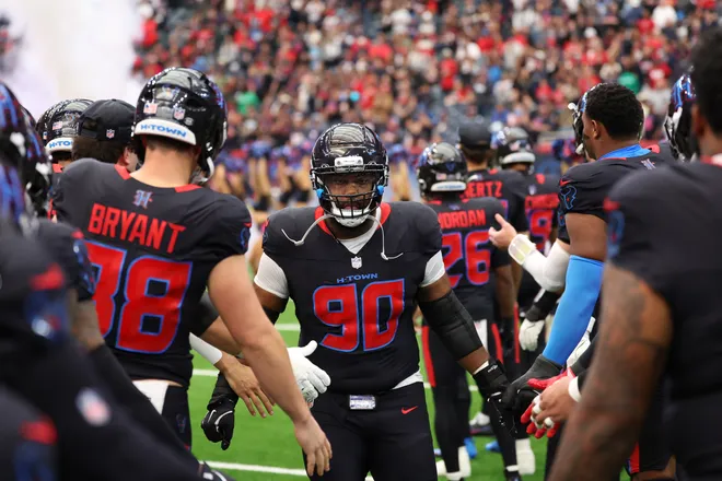 Jan 4, 2026; Houston, Texas, USA; Houston Texans defensive tackle Sheldon Rankins (90) takes the field prior to a game against the Indianapolis Colts at NRG Stadium. Mandatory Credit: Thomas Shea-Imagn Images